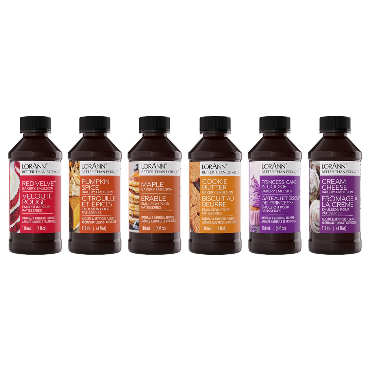 LorAnn Oils Bakery Emulsion Baker’s Secret Variety Pack – Cream Cheese, Cookie Butter, Maple, Princess Cake & Cookie, Pumpkin Spice and Red Velvet - 4 ounce bottles